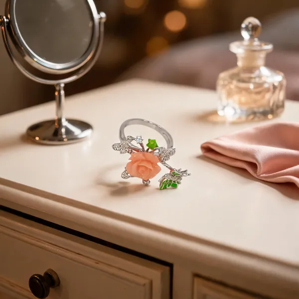 Carved_Coral_Rose_Stud_Earrings_Earrings_With_Ring