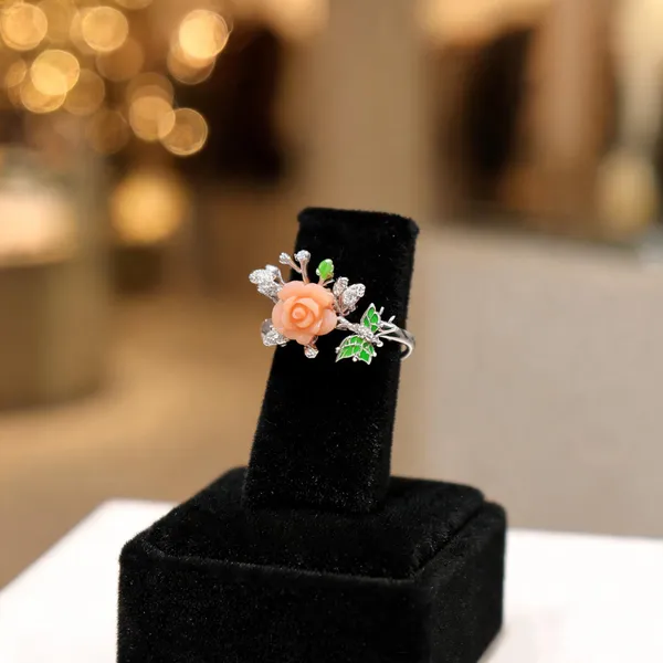 Carved_Coral_Rose_Stud_Earrings_Earrings_With_Ring
