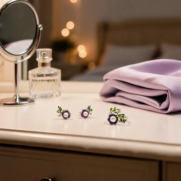 Lavender_Enamel_Blossom_Pearl_Earrings_Earrings_With_Ring