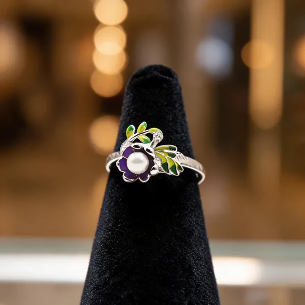 Lavender_Enamel_Blossom_Pearl_Ring_Adjustable_Ring_Only