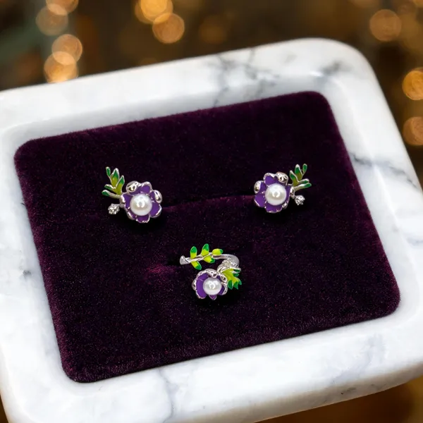 Lavender_Enamel_Blossom_Pearl_Ring_Adjustable_Ring_With_Earrings