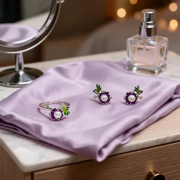 Lavender_Enamel_Blossom_Pearl_Ring_Adjustable_Ring_With_Earrings
