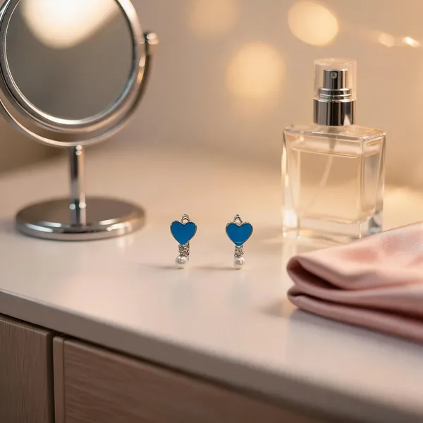 Enamel_Blue_Heart_Pearl_Huggie_Earrings