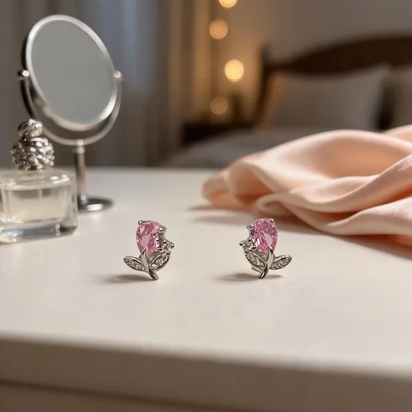 Delicate_Pink_Tulip_Stud_Earrings_Green