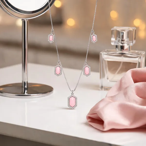 Silver_Five_Hexagon_Pink_Gem_Necklace