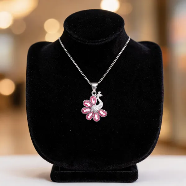 Pink_Stone_Peacock_Feather_Silver_Pendant