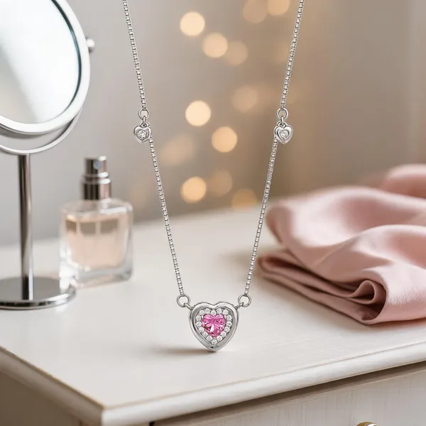 Pink_Cz_Heart_Halo_Silver_Necklace