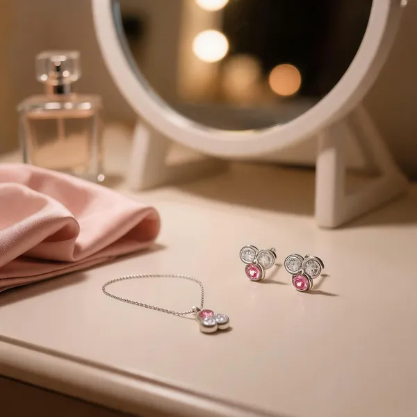 Pink_And_Clear_Cubic_Zirconia_Cluster_Necklace_With_Earrings