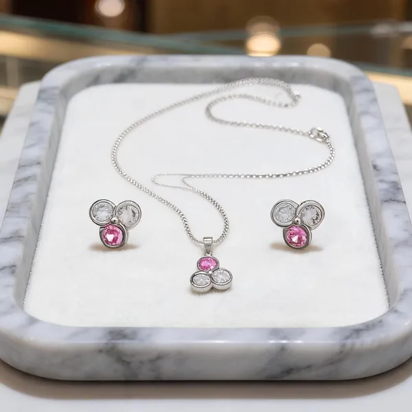 Pink_And_Clear_Cubic_Zirconia_Cluster_Necklace_With_Earrings