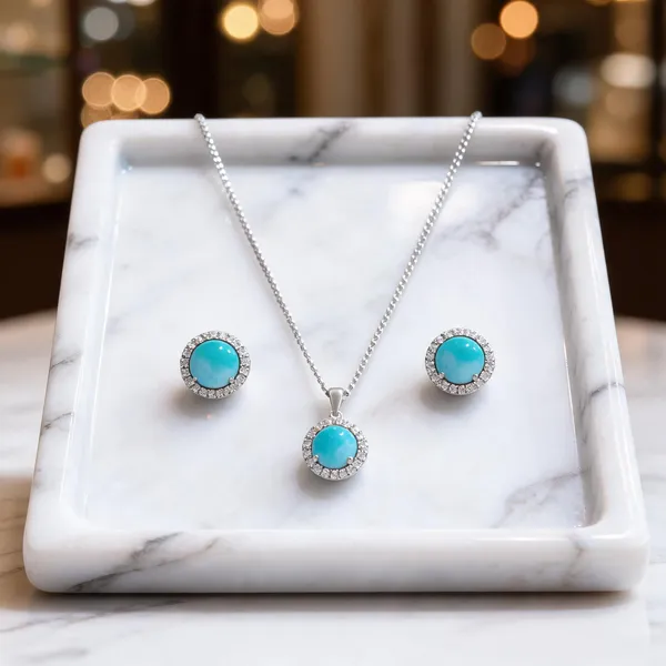 Larimar_Halo_Round_Silver_Pendant_Necklace_With_Earrings