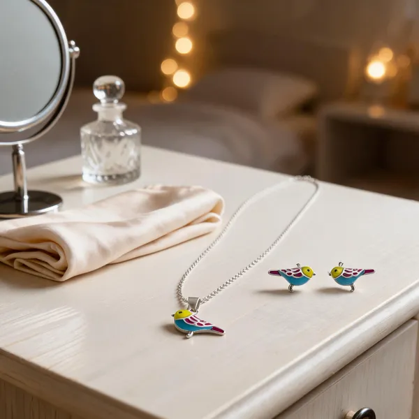 Vibrant_Enamel_Bird_Silver_Pendant_Necklace_With_Earrings