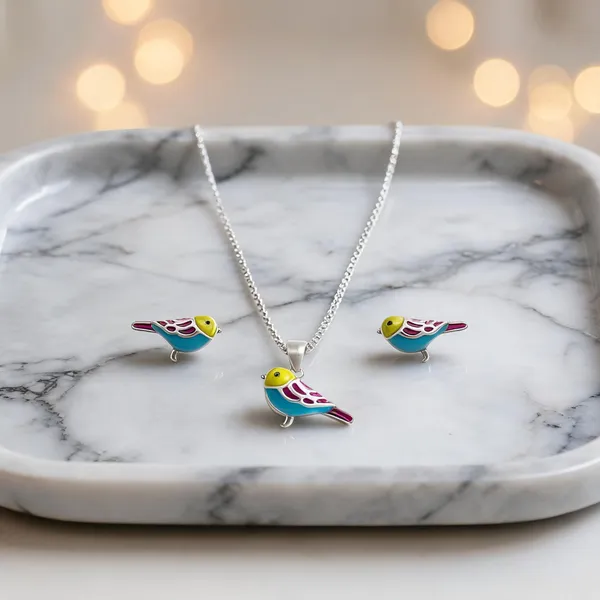 Vibrant_Enamel_Bird_Silver_Pendant_Necklace_With_Earrings
