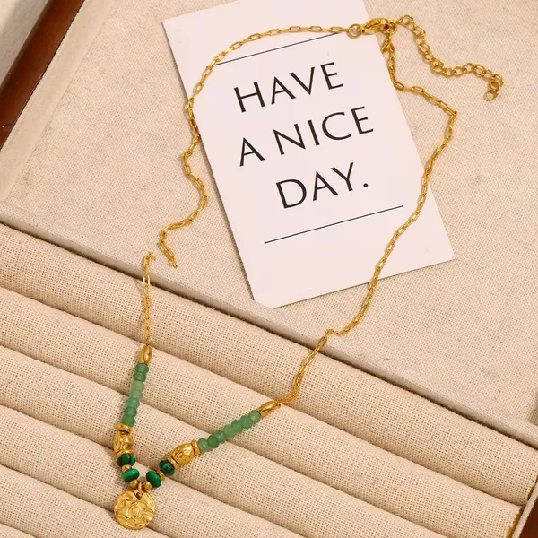 Beaded_Coin_Necklace__Necklace_gold_green_Stainless_steel