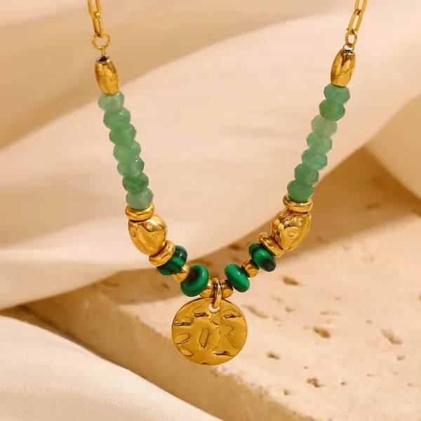 Beaded_Coin_Necklace__Necklace_gold_green_Stainless_steel
