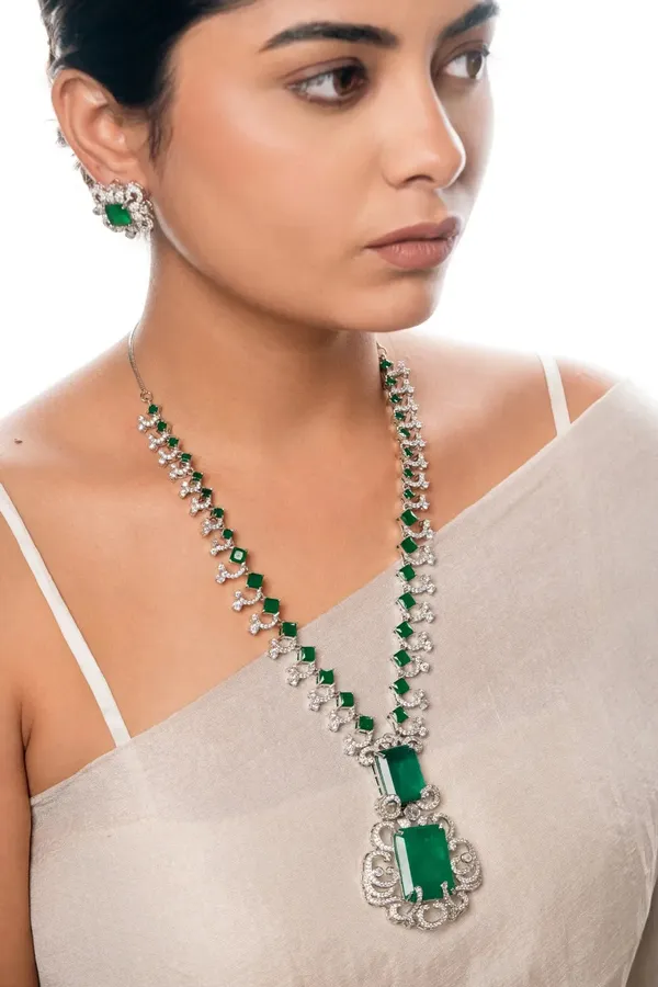 Cz_Stone_Necklace_Set__Necklace__green_Stainless_steel