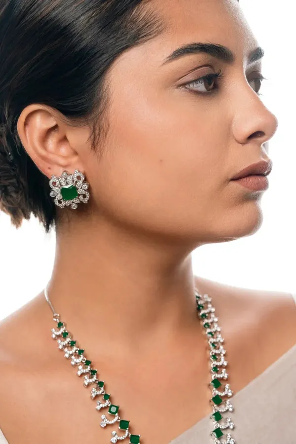 Cz_Stone_Necklace_Set__Necklace__green_Stainless_steel