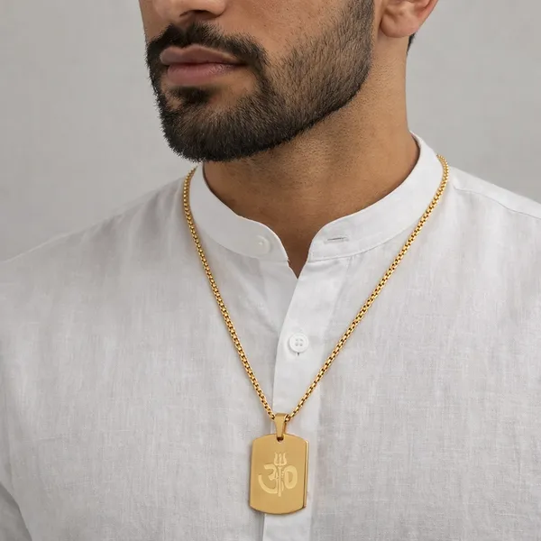 Om_Trishul_Power_Gold_Plated_Pendant_Chain_Necklace_24_Inch__Necklace__gold_Stainless_steel