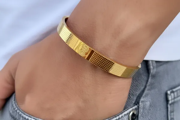 Gold_Hanuman_Men_S_Cuff_Bracelet_With_Dotted_Pattern__Bracelet__gold_Stainless_steel