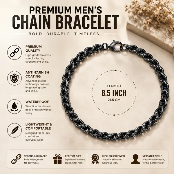 Black_Round_Wheat_Stainless_Steel_Bracelet_For_Men_8_5_Inch__Bracelet__black_Stainless_steel