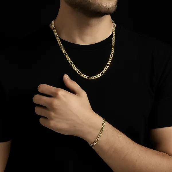 Gold_Plated_Figaro_Chain_Bracelet_Set_For_Men__Bracelet__gold_Stainless_steel
