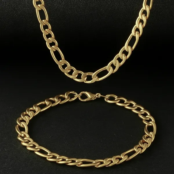 Gold_Plated_Figaro_Chain_Bracelet_Set_For_Men__Bracelet__gold_Stainless_steel