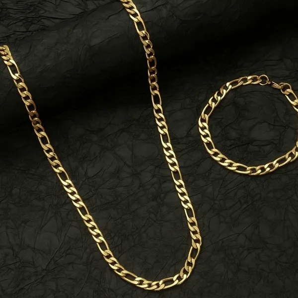 Gold_Plated_Figaro_Chain_Bracelet_Set_For_Men__Bracelet__gold_Stainless_steel