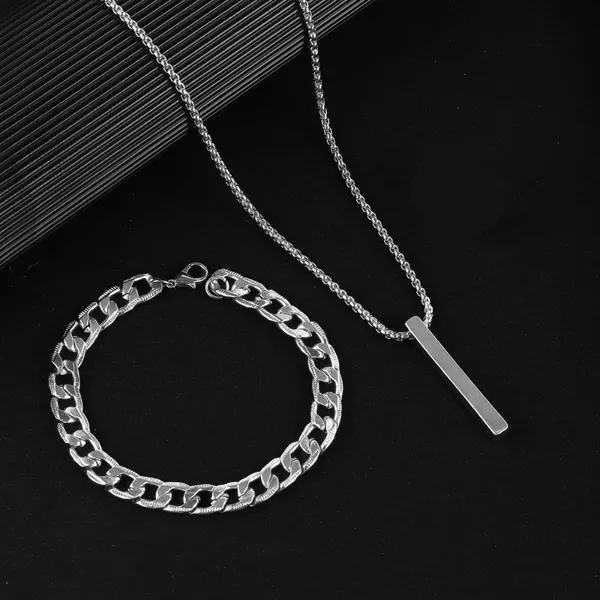 Classic_Curb_Link_Bracelet_Bar_Pendant_Chain_Combo_For_Men__Bracelet__silver_Stainless_steel