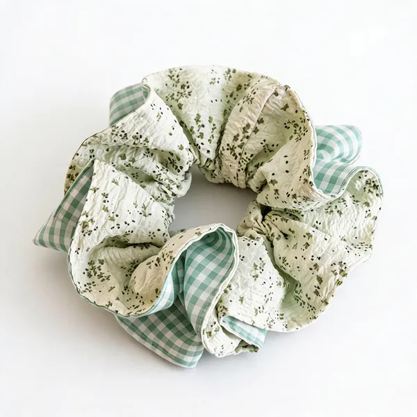 Sage_Green_Silk_Gingham_Reversible_Scrunchie_For_Women