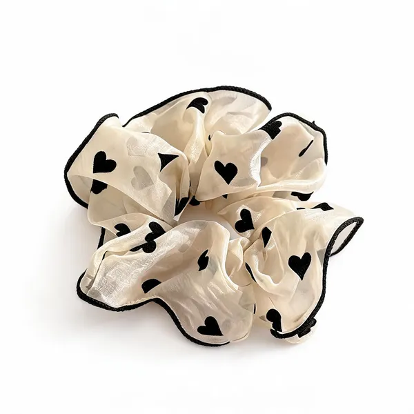 Beige_Organza_Heart_Print_Scrunchie_For_Women