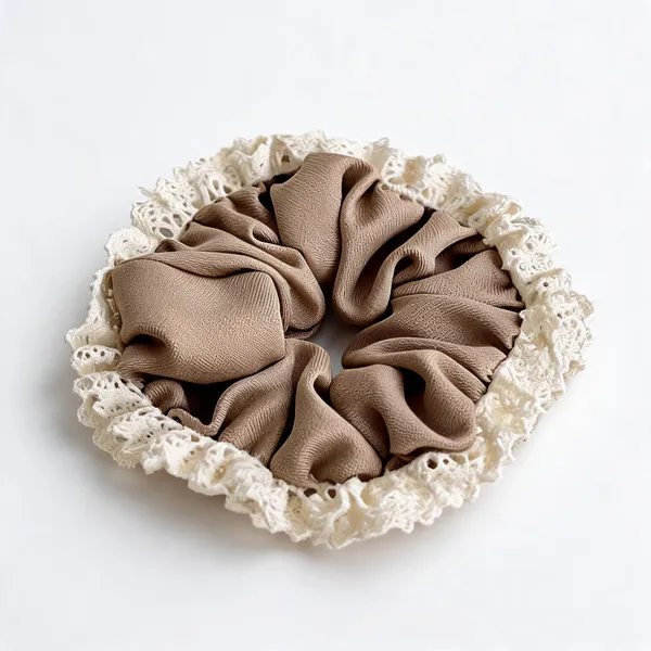 Brown_Silk_Lace_Trimmed_Scrunchie_For_Women