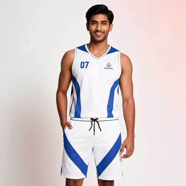White_Blue_Sleeveless_Basketball_Jersey_Shorts_Set