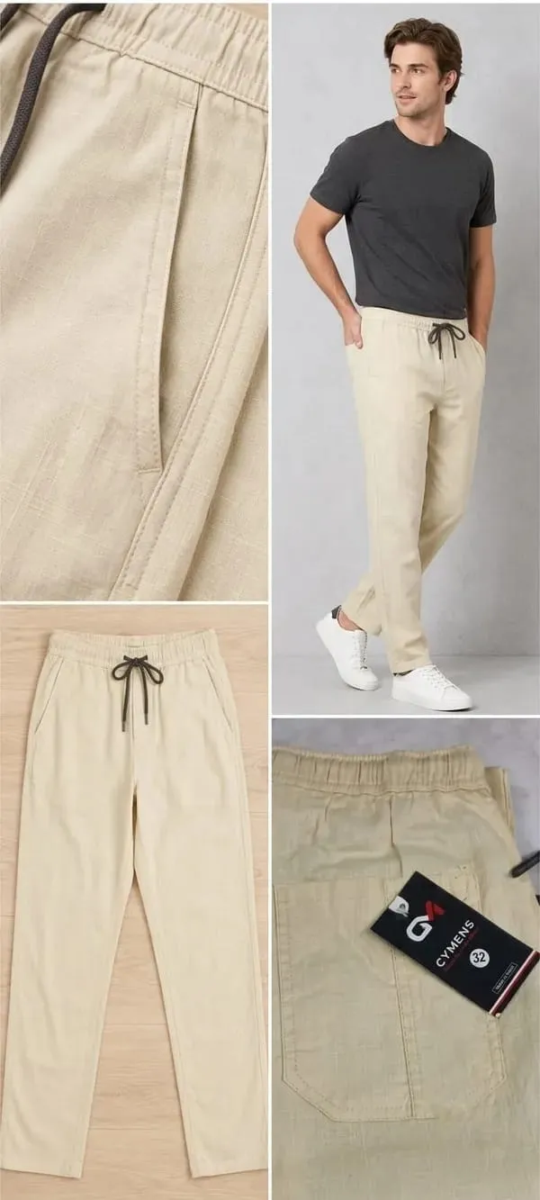 Cream_Linen_Casual_Trousers_For_Men