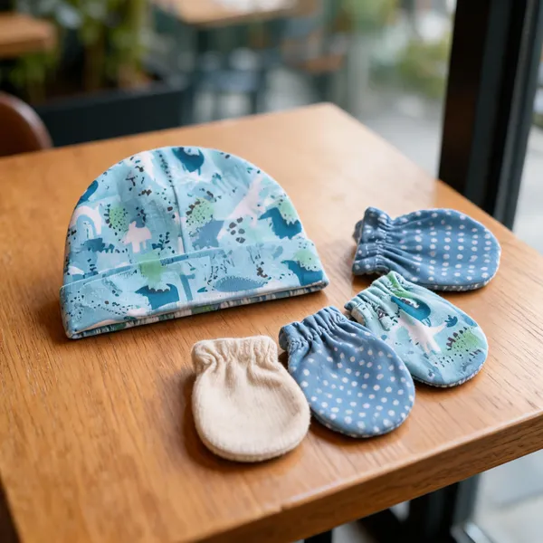 Blue_Printed_Baby_Cap_Mittens_And_Booties_Set_for_Infants