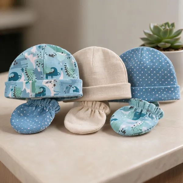 Blue_Printed_Baby_Cap_Mittens_And_Booties_Set_for_Infants