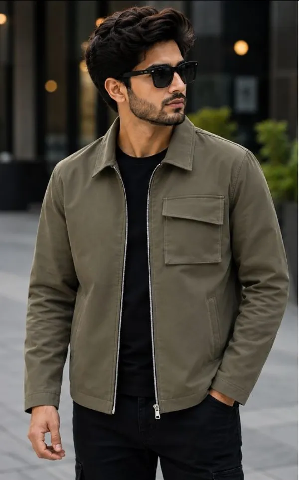 Olive_Pu_Leather_Casual_Zip_Jacket_For_Men