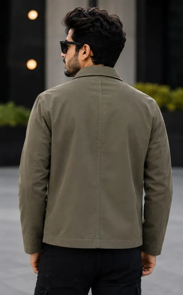 Olive_Pu_Leather_Casual_Zip_Jacket_For_Men