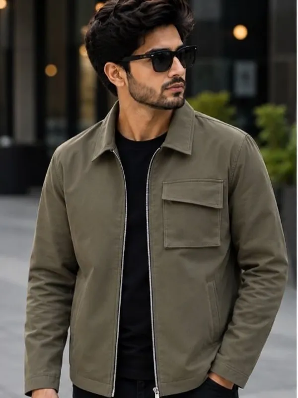Olive_Pu_Leather_Casual_Zip_Jacket_For_Men