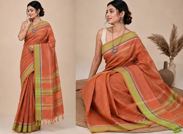 Green_And_Orange_Cotton_Saree_With_Blouse_Piece_For_Women