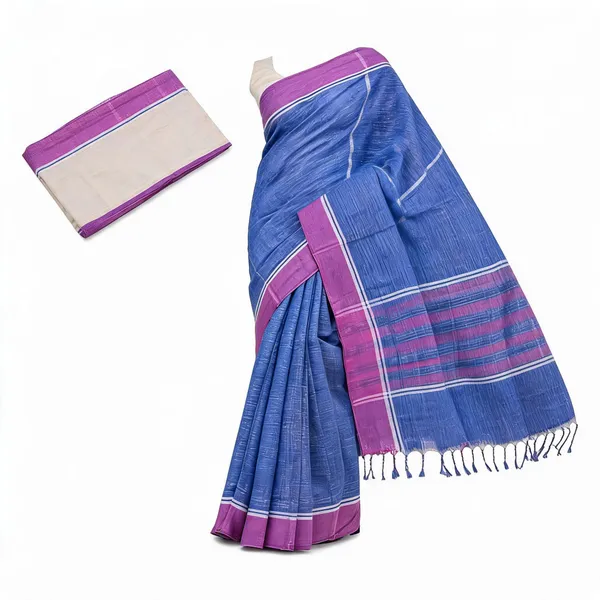 Pink_And_Blue_Cotton_Saree_With_Blouse_Piece_For_Women