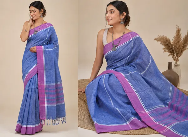 Pink_And_Blue_Cotton_Saree_With_Blouse_Piece_For_Women