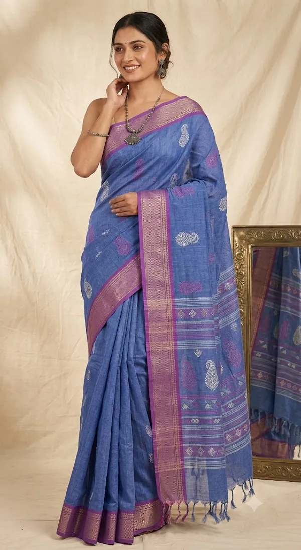Pink_And_Blue_Cotton_Saree_With_Blouse_Piece_For_Women