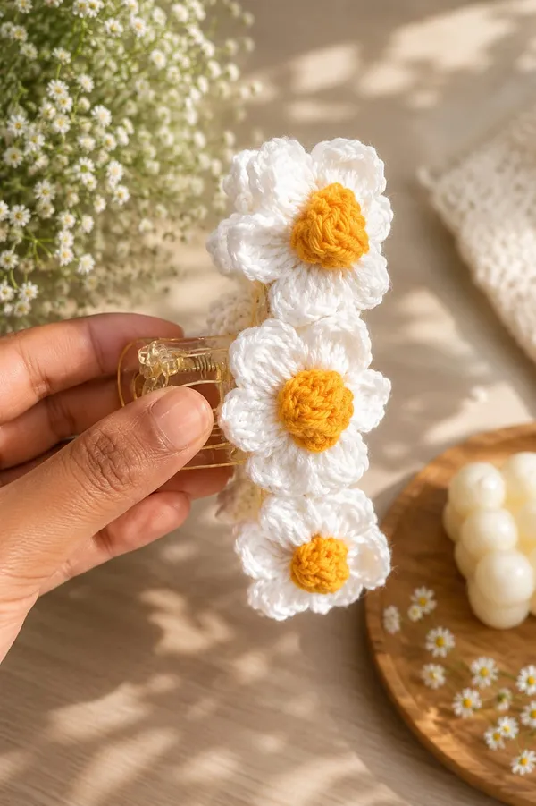 White_Crochet_Yarn_Hair_Clip_For_Women,_Hair_Styling,_Daily_Wear