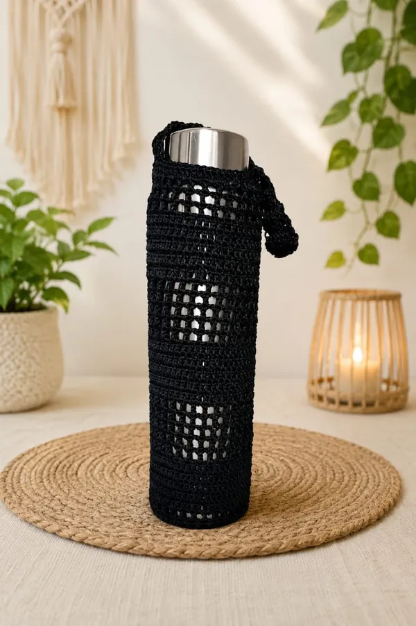 Black_Crochet_Yarn_Water_Bottle_Holder_For_Travel,_Bottle_Protection,_Daily_Use