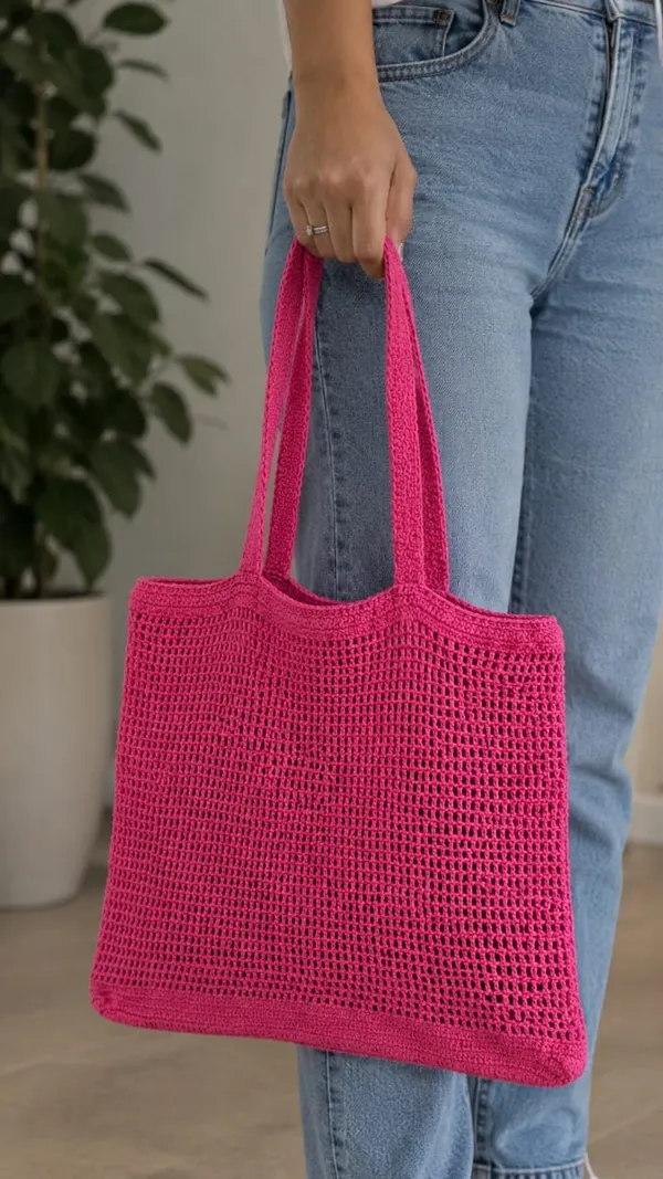 Pink_Crochet_Yarn_Tote_Bag_For_Women,_Daily_Use,_Shopping