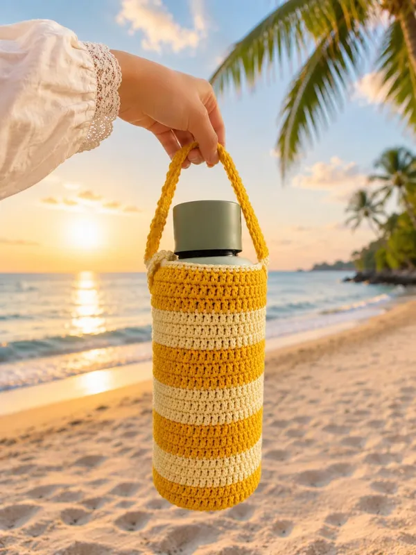 Yellow_Crochet_Yarn_Water_Bottle_Holder_For_Travel,_Daily_Use,_Outdoor_Use