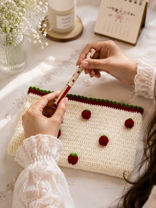 Red_And_White_Crochet_Yarn_Pencil_Pouch_For_Gifting,_Decorative_Use,_Accessories