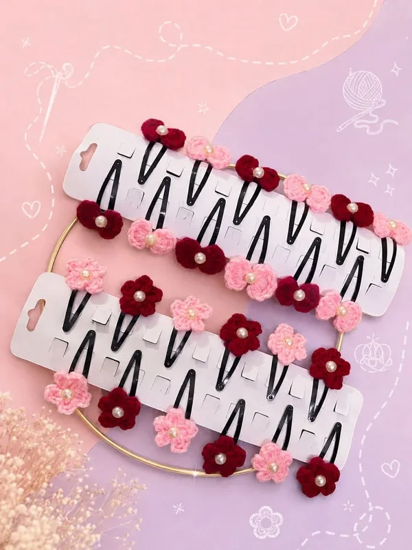 Pink_And_Maroon_Crochet_Yarn_Snap_Hair_Clips_For_Women,_Hair_Styling,_Daily_Wear_Pack_Of_2