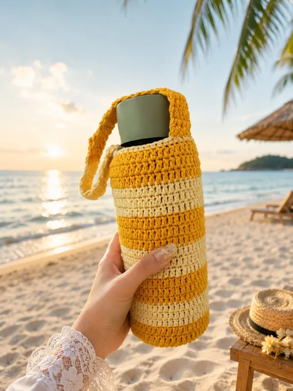 Yellow_Crochet_Yarn_Water_Bottle_Holder_For_Travel,_Daily_Use,_Outdoor_Use