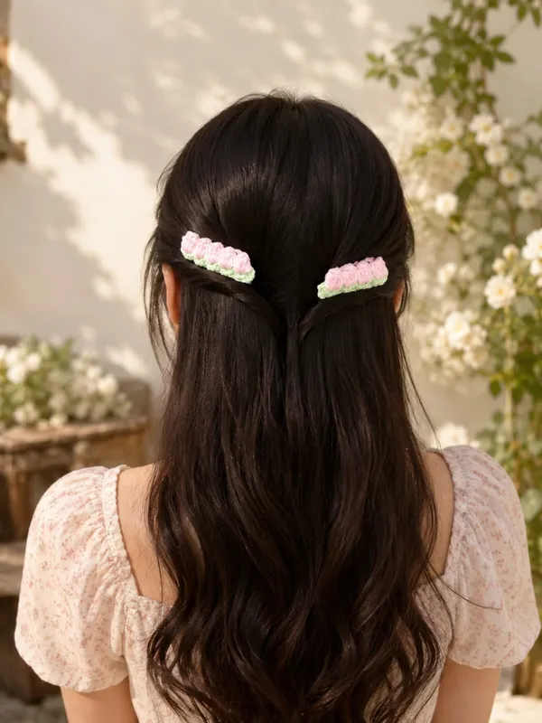 Pink_Crochet_Yarn_Hair_Clips_For_Women,_Gifting,_Traditional_Wear_Pack_Of_2