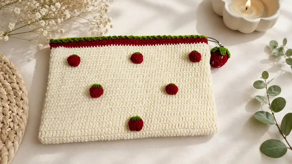 Red_And_White_Crochet_Yarn_Pencil_Pouch_For_Gifting,_Decorative_Use,_Accessories